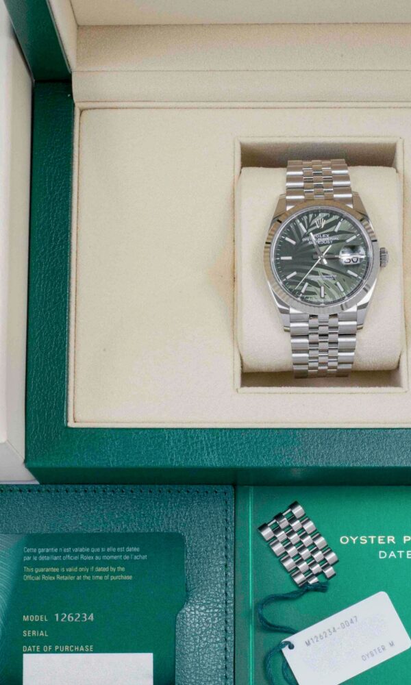 Đồng hồ Rolex Datejust 126234 Mặt lá cọ xanh Cọc quang 36mm