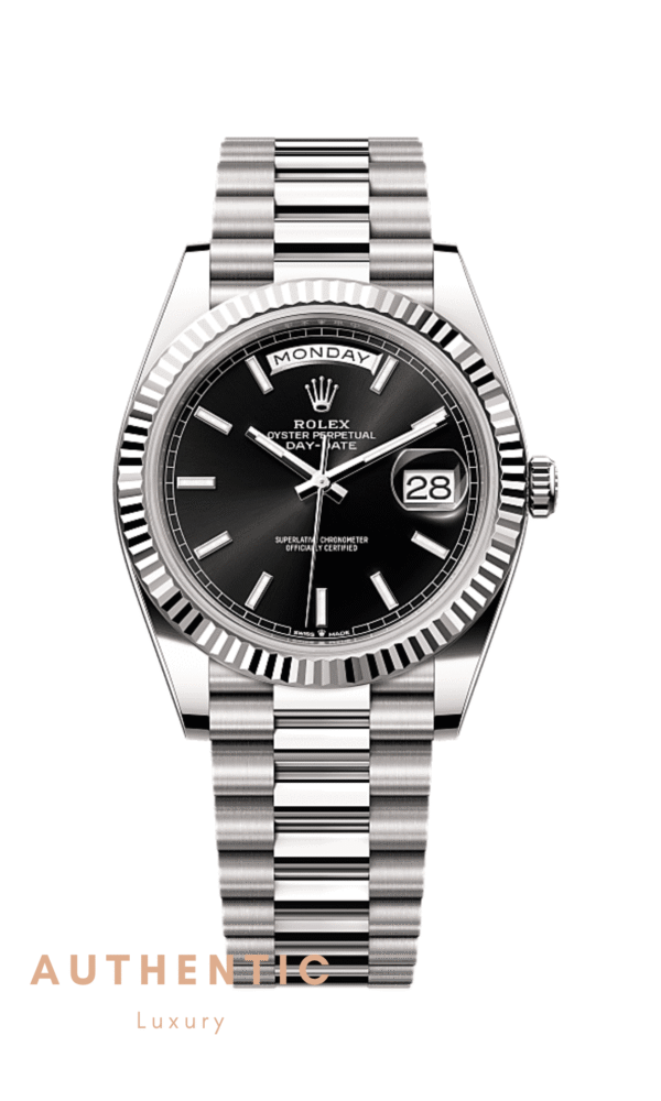 Đồng hồ Rolex Day-Date 228239 Vàng trắng Mặt đen Cọc dạ quang 40mm
