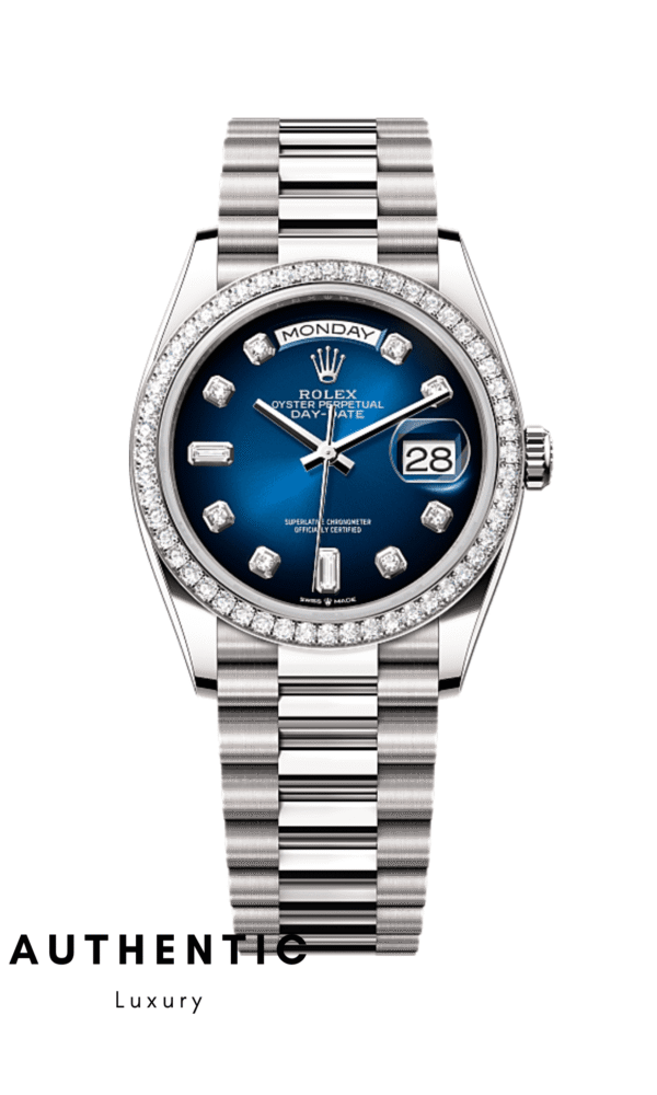 Đồng hồ Rolex Day-Date 128349 Vàng trắng Mặt xanh ombre 36mm