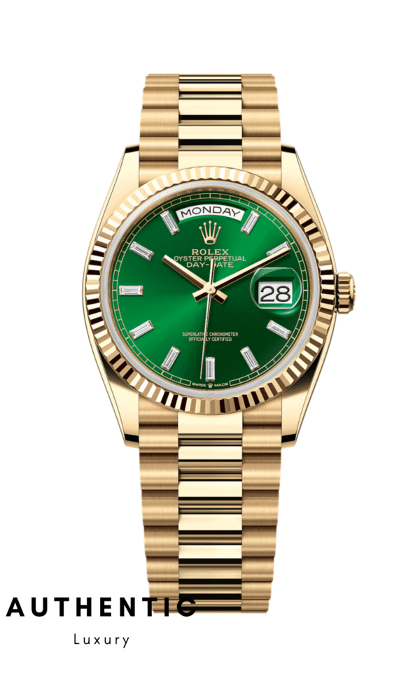 Đồng hồ Rolex Day-Date 128238 Mặt xanh lá Kim cương baguette 36mm